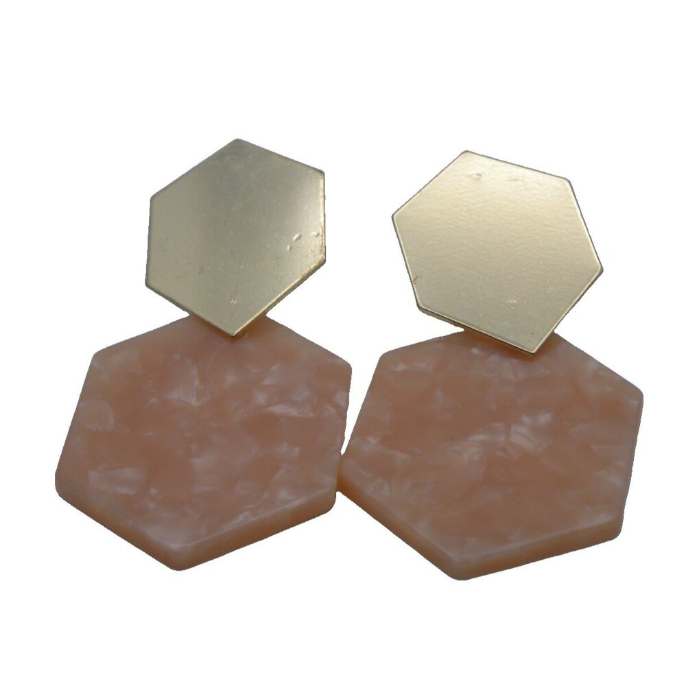 Peach Resin Drop Dangle Earrings Geometric Marble Gold Tone Chunky Boho